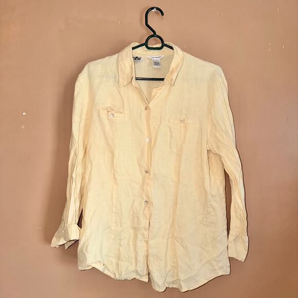 Richard Malcom Women's 100% Irish Linen Yellow Button Down Long Sleeve Shirt - Picture 3 of 8